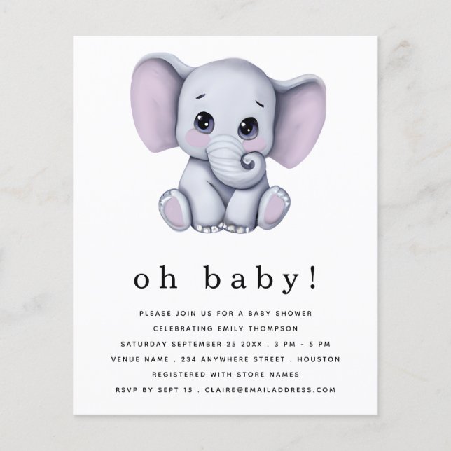 Budget Elephant Gender Neutral Baby Shower Invite (Front)