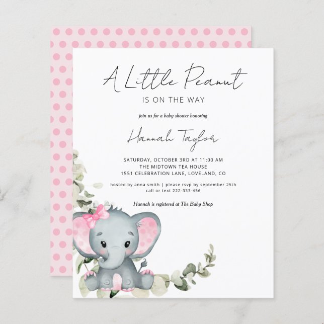 Budget Elephant Girl Baby Shower Invitation (Front/Back)