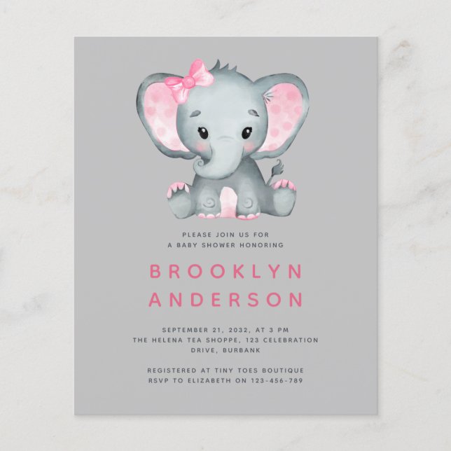 BUDGET Elephant Girl Baby Shower Invitation (Front)