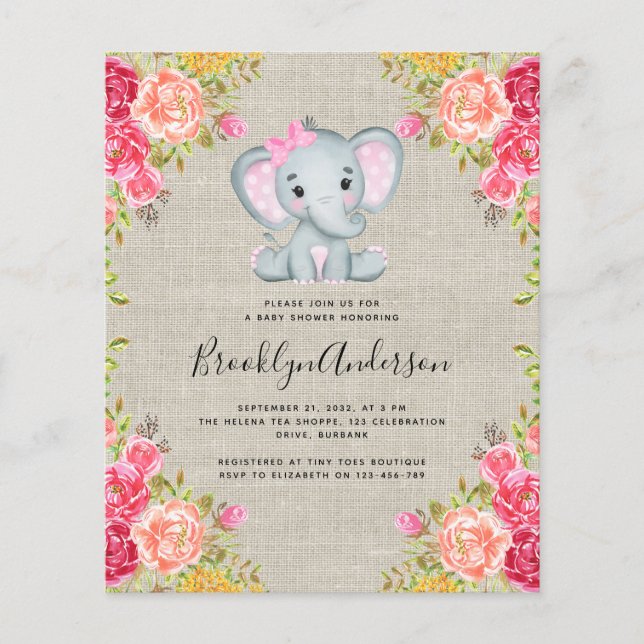 BUDGET Elephant Girl Baby Shower Invitation (Front)