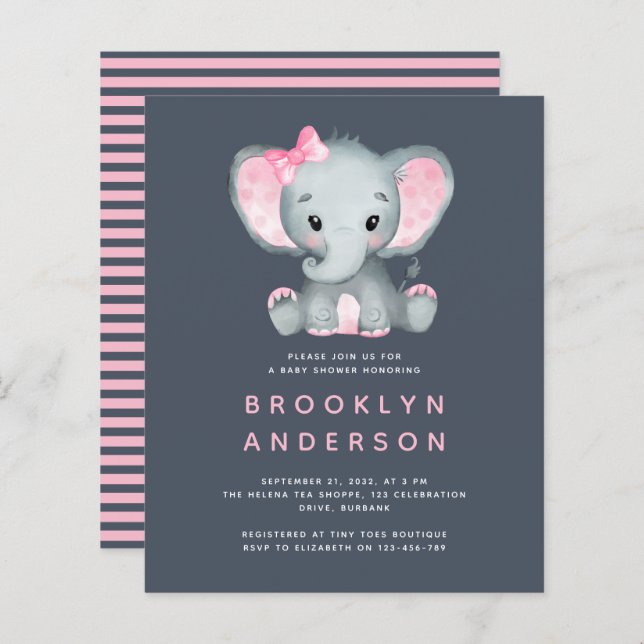 BUDGET Elephant Girl Baby Shower Invitation (Front/Back)