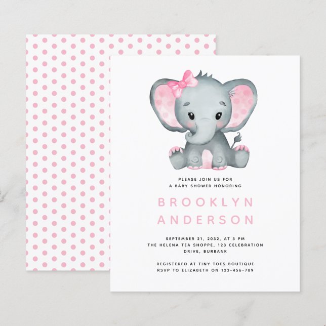 BUDGET Elephant Girl Baby Shower Invitation (Front/Back)