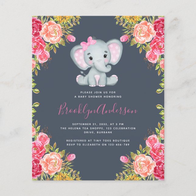 BUDGET Elephant Girl Baby Shower Invitation (Front)