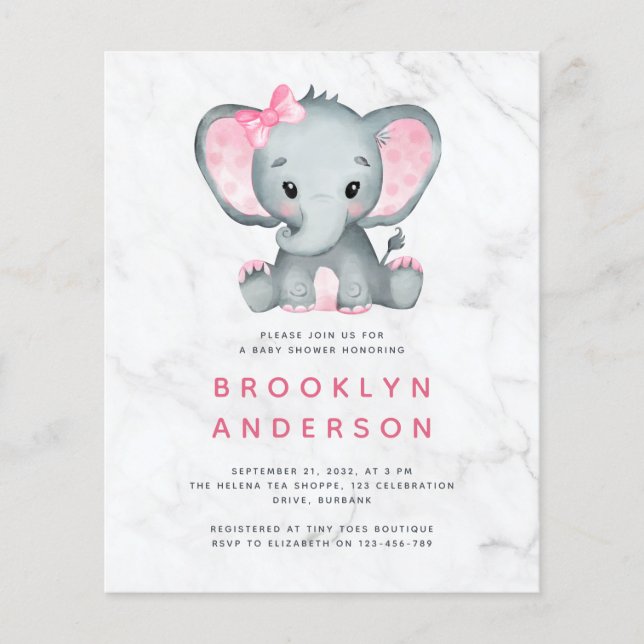 BUDGET Elephant Girl Baby Shower Invitation (Front)