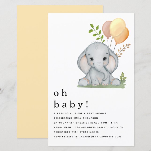 Budget Elephant Girl Boy Baby Shower Yellow Invite (Front/Back)