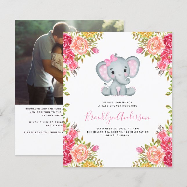 BUDGET Elephant Girl Photo Baby Shower Invitation (Front/Back)