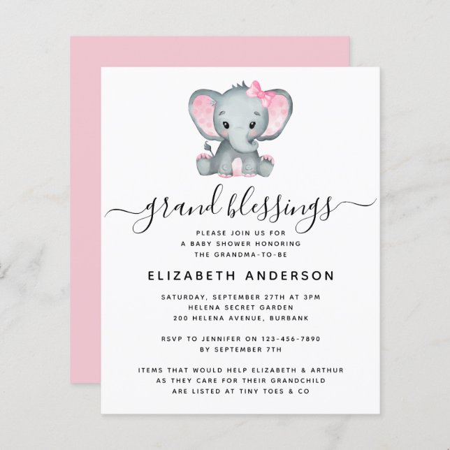 BUDGET Elephant Grandma Baby Shower Invitation (Front/Back)