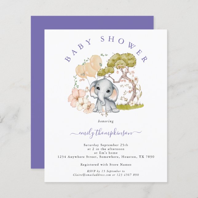 Budget Elephant Lilac Baby Shower Invitation (Front/Back)
