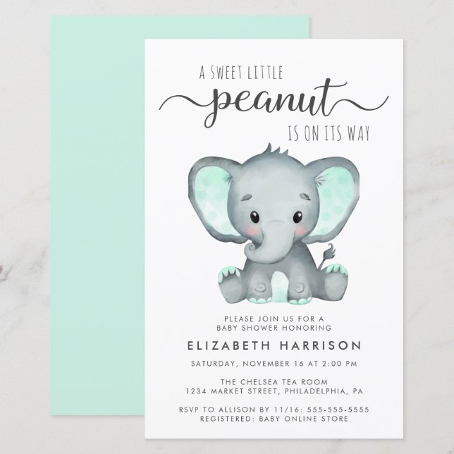 Budget Elephant Mint Baby Shower Invitation (Front/Back)