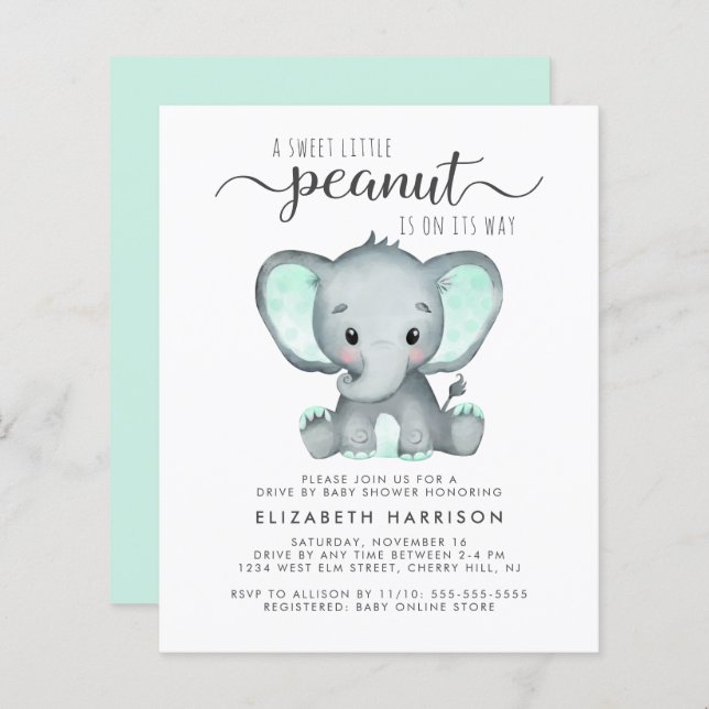 Budget Elephant Mint Drive By Baby Shower Invite (Front/Back)