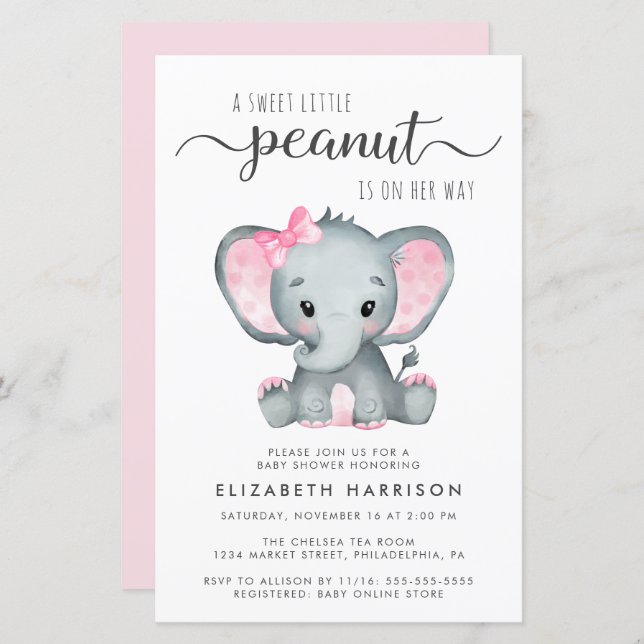 Budget Elephant Pink Baby Shower Invitation (Front/Back)