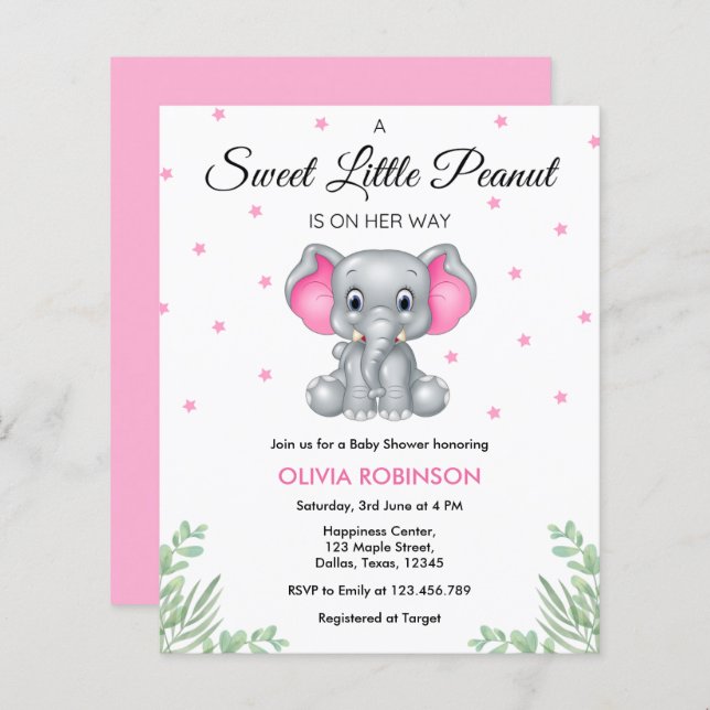 Budget Elephant Pink Girl Baby Shower Invitation  (Front/Back)