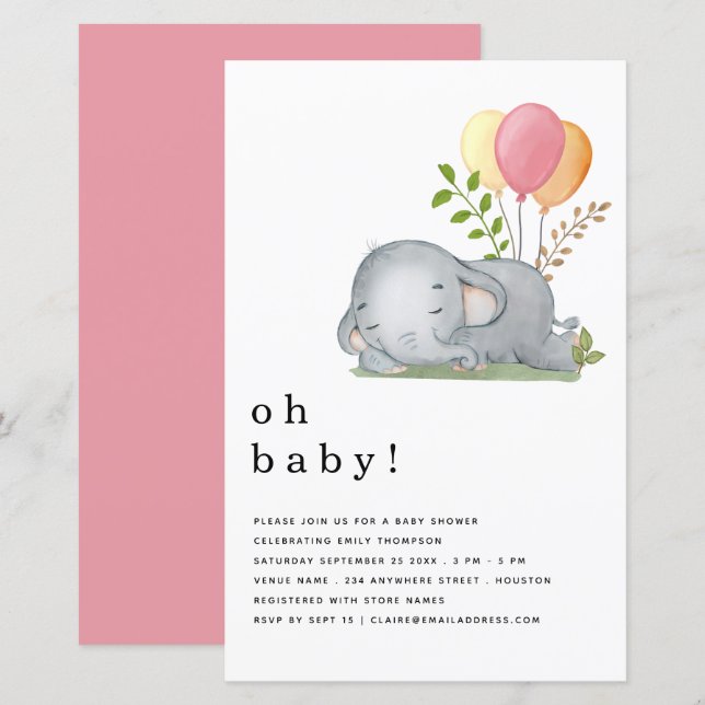 BUDGET Elephant Pink Girl Baby Shower Invitation (Front/Back)