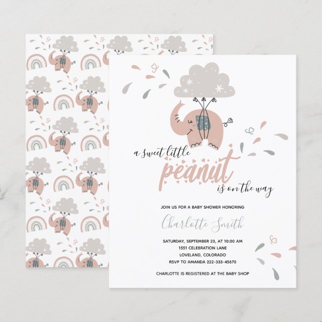 Budget Elephant Pink Girl's Baby Shower Invitation (Front/Back)