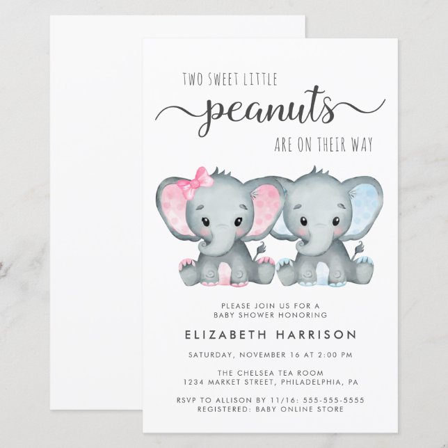 Budget Elephant Twin Boy Girl Baby Shower Invite (Front/Back)