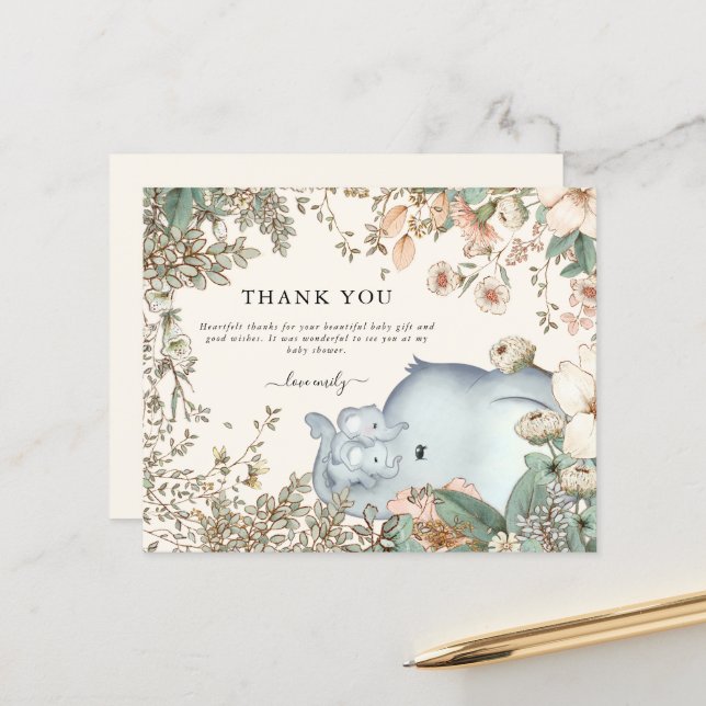 Budget Elephant Twins Cream Baby Shower Thank You (Front/Back In Situ)