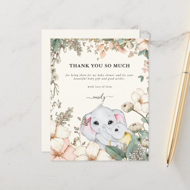 Budget Elephants Cream Baby Shower Thank You (Front/Back In Situ)