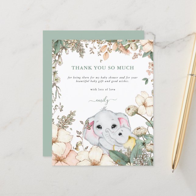Budget Elephants Sage Baby Shower Thank You (Front/Back In Situ)