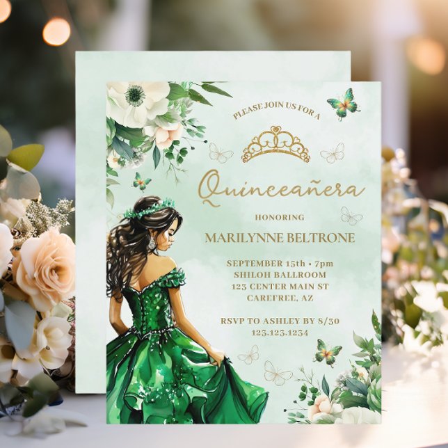 Budget Emerald Floral Dress Butterfly Quinceañera  (Creator Uploaded)