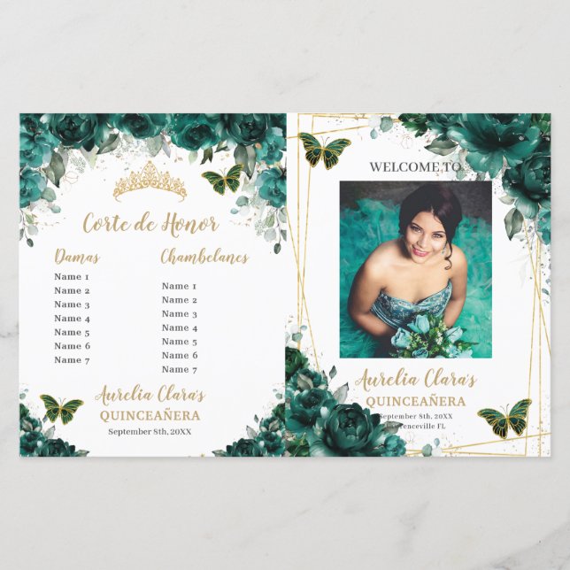 Budget Emerald Floral Quinceanera Photo Programs (Front)