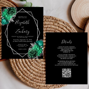 Budget Emerald Floral Silver Black QR Code Wedding