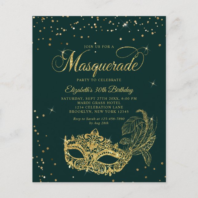 BUDGET Emerald Gold Glitter Masquerade Birthday (Front)