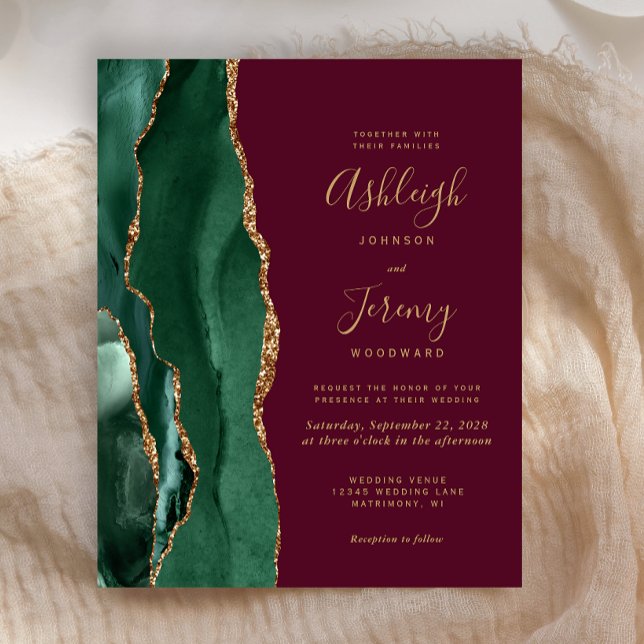 Budget Emerald Green Agate Burgundy Wedding Invite (Creator Uploaded)