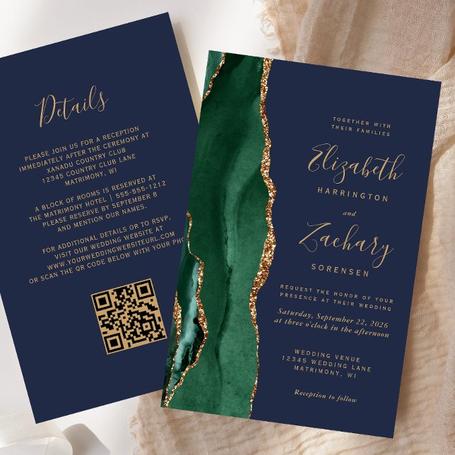 Budget Emerald Green Agate Navy QR Code Wedding (Creator Uploaded)