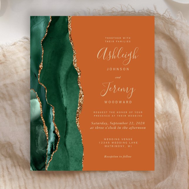 Budget Emerald Green Agate Rust Wedding Invitation (Creator Uploaded)