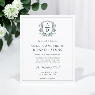 Budget Emerald Green Crest Wedding Invitation
