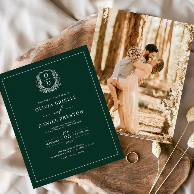 Budget Emerald Green Crest Wedding Invitation (Creator Uploaded)