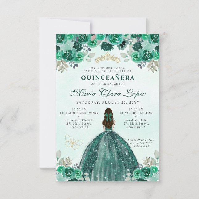 Budget Emerald Green Floral Princess Quinceañera Card (Front)