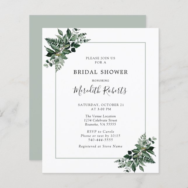 Budget Emerald Green Foliage Bridal Shower Invite (Front/Back)