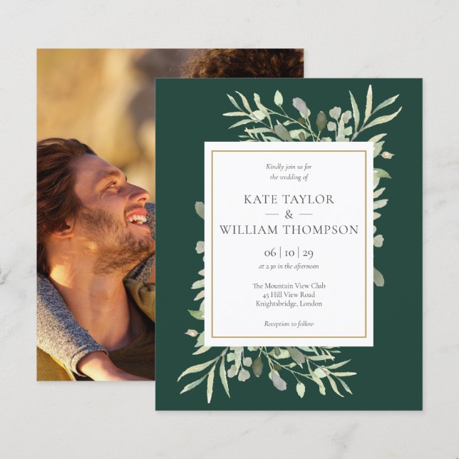 Budget Emerald Green Foliage Wedding Photo Invite (Front/Back)