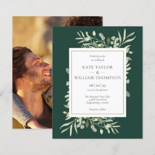 Budget Emerald Green Foliage Wedding Photo Invite