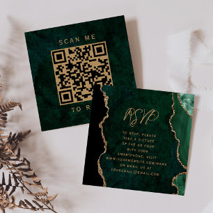 Budget Emerald Green Gold Agate Dark QR Code RSVP Enclosure Card