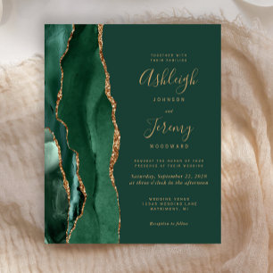 Budget Emerald Green Gold Agate Wedding Invitation