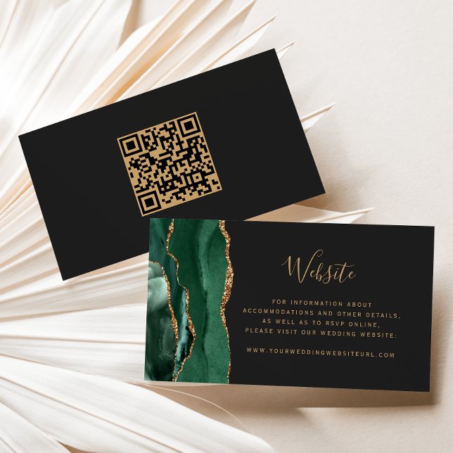 Budget Emerald Green Gold Agate Wedding QR Code Enclosure Card (Creator Uploaded)