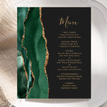 Budget Emerald Green Gold Dark Wedding Menu<br><div class="desc">The left-hand edge of this elegant modern wedding menu features an emerald green watercolor agate border trimmed with faux gold glitter. The customisable text combines gold-coloured whimsical handwriting script and copperplate fonts on a slate black background. The reverse side features a matching emerald green and gold agate design.</div>