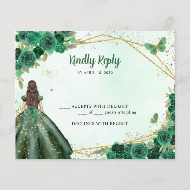 Budget Emerald Green Gold Floral Princess RSVP (Front)