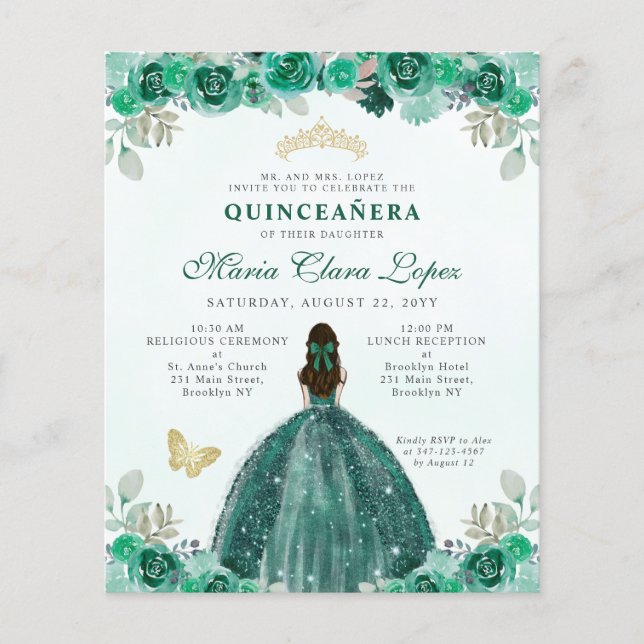 Budget Emerald Green Gold Floral Tiara Quinceañera (Front)