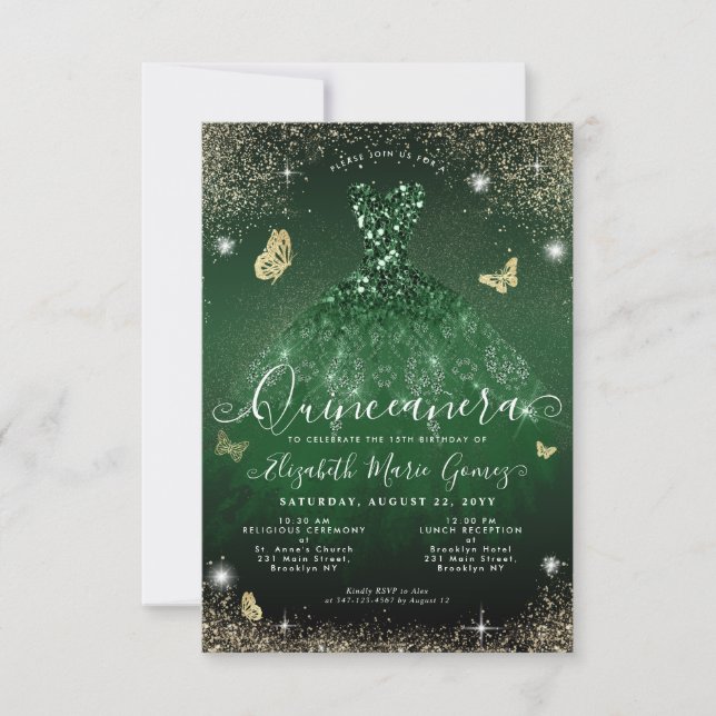 Budget Emerald Green Gold Glitter Gown Quinceanera Card (Front)