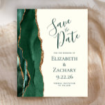 Budget Emerald Green Gold Ivory Save the Date<br><div class="desc">The left-hand edge of this elegant modern wedding save the date card features an emerald green watercolor agate border trimmed with faux gold glitter. The customisable text combines green handwriting,  copperplate and italic fonts on an ivory background. The reverse side features a matching emerald green and gold agate design.</div>