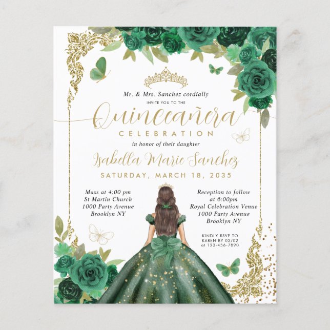 Budget Emerald Green Gold Princess Quinceañera (Front)