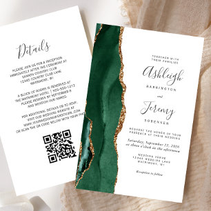 Budget Emerald Green Gold QR Code Wedding Invite
