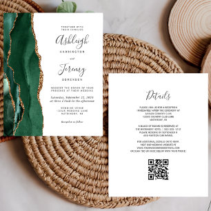 Budget Emerald Green Gold QR Code Wedding Invite