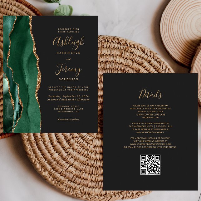 Budget Emerald Green Gold QR Code Wedding Invite (Creator Uploaded)