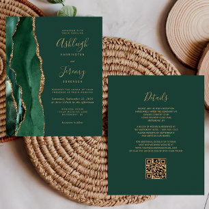 Budget Emerald Green Gold QR Code Wedding Invite