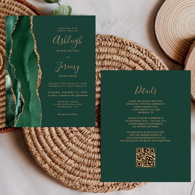 Budget Emerald Green Gold QR Code Wedding Invite (Creator Uploaded)