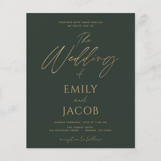Budget Emerald Green Gold Wedding Modern  Flyer (Front)